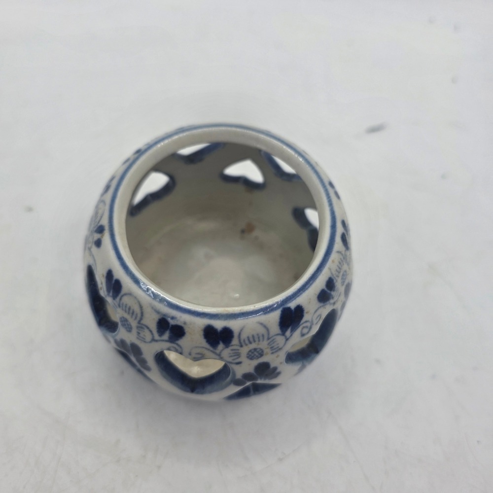 Vintage Delft Style Blue White Candle Holder Heart Cutouts Windmill Floral